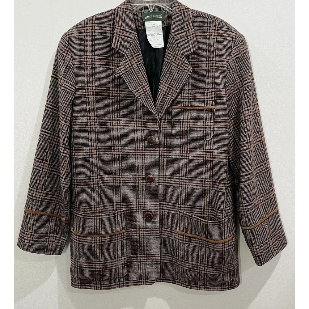 Wool Plaid Blazer Harve Bernard  With Suede Leather Trim Womens Size 12 Vintage